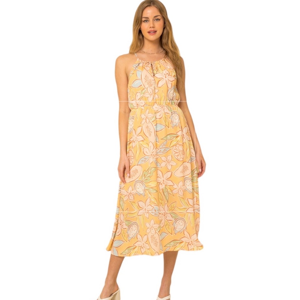 GILLI Women’s Boutique Yellow Floral Sleeveless Neck Tie Halter Dress NWT